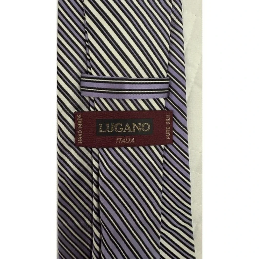 Lugano Italia Mens Silk Necktie Purple Black White Diagonal‎ Striped Hand Made